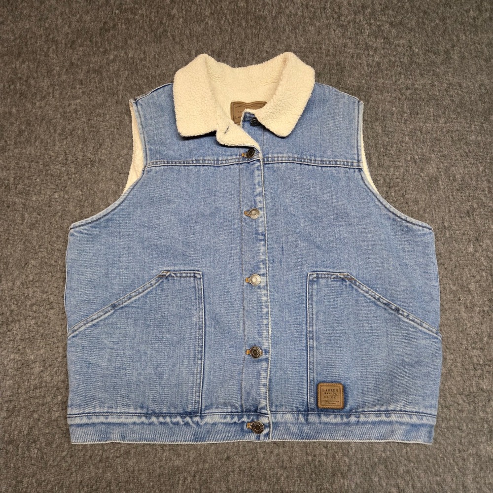 Vintage Lauren Ralph Lauren Denim Vest Womens L Blue Sherpa Lined Western